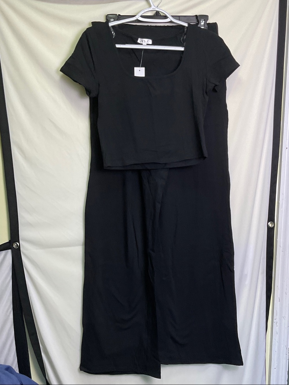 ASA 2-Piece Knit Short Sleeve Crop Top with Pants -Black